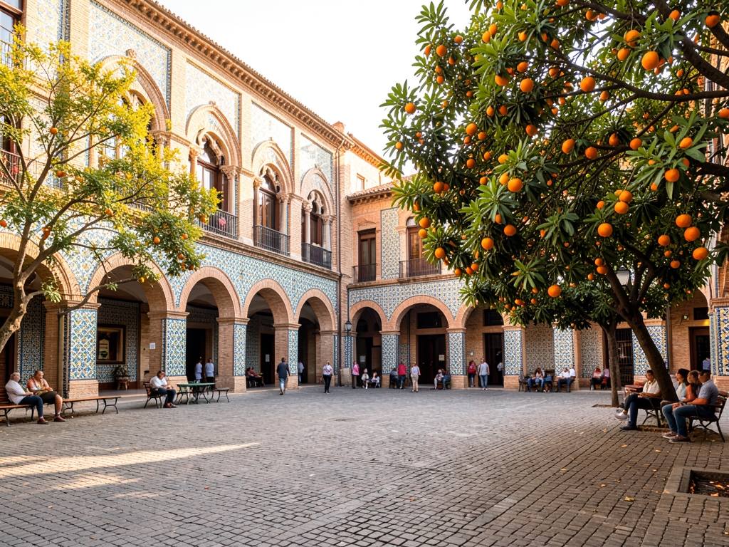Sunlit Seville town square with arched brick buildings