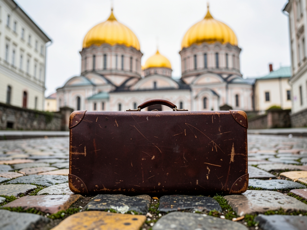 vintage suitcase rests cobblestone street Sofia under soft