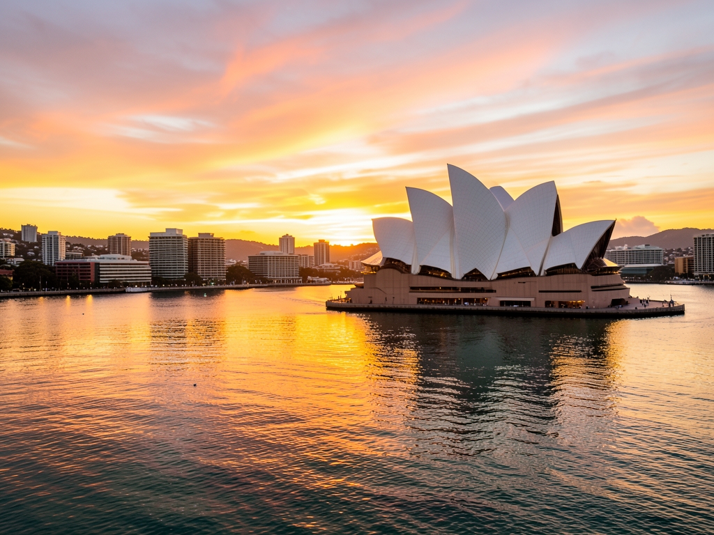 Golden sunset over Sydney harbour with sail shaped white