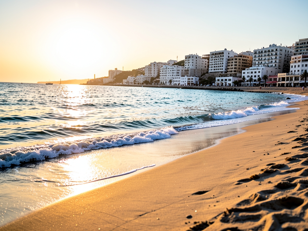 Aviv Mediterranean coastline sunrise with white limestone buildings