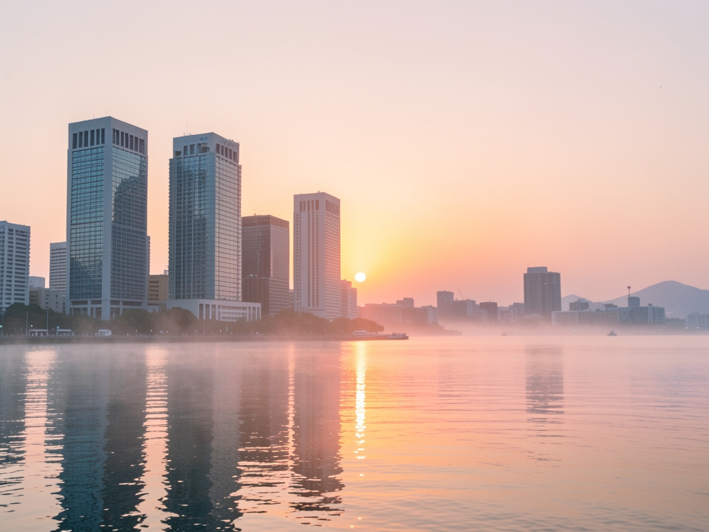 mist shrouded dawn over Tokyo Bay where sleek concrete