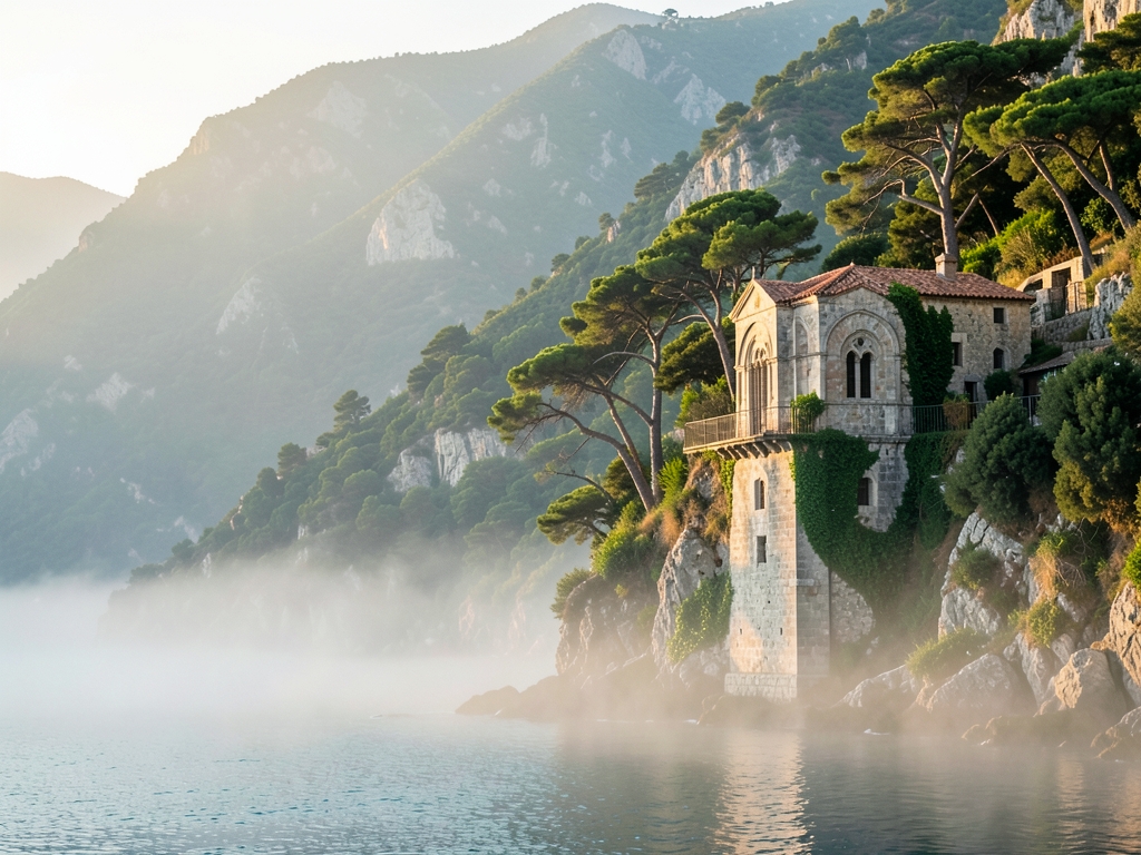 Misty Black coastline with lush green mountains ancient