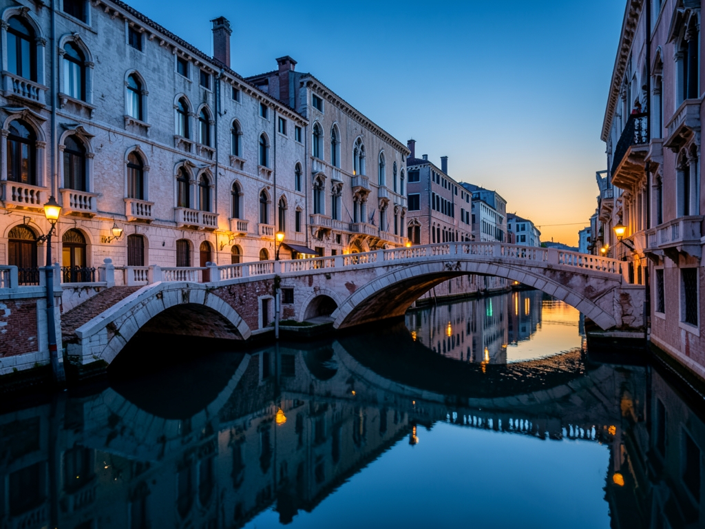 Venetian canal with historic stone palaces arched bridges