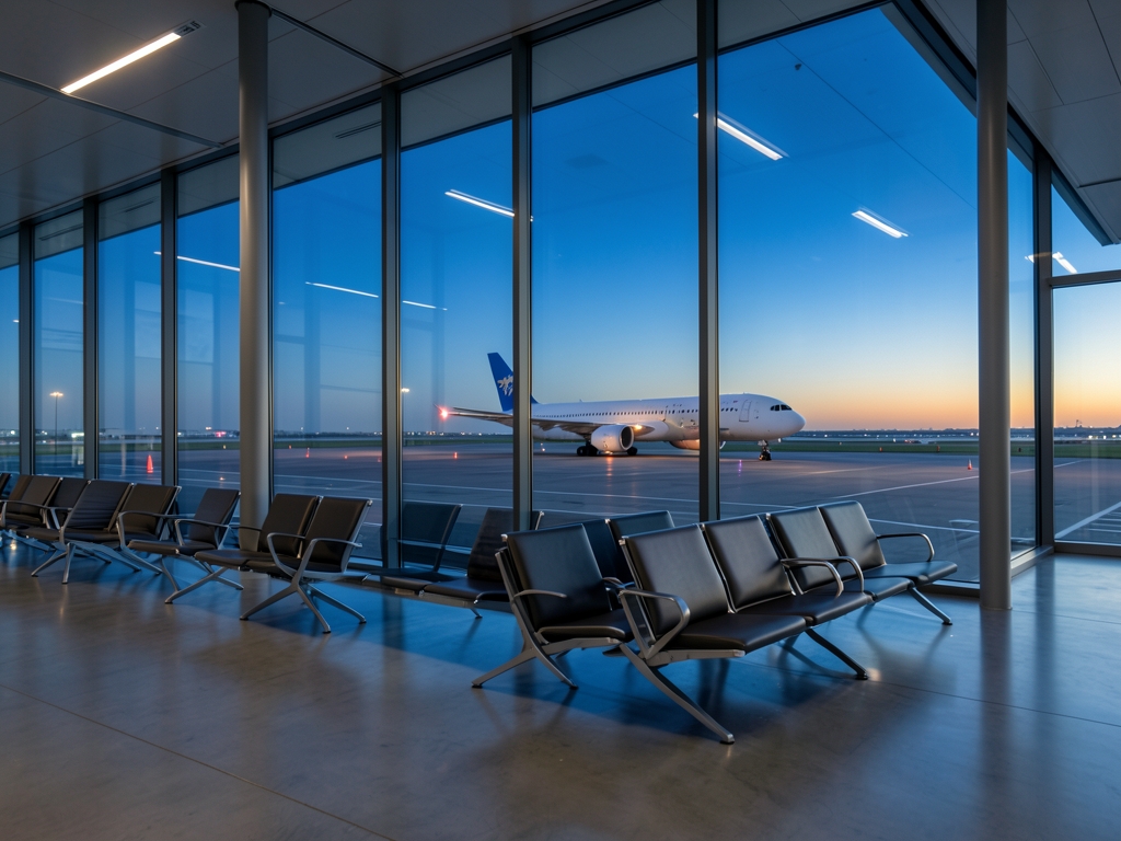 Modern glass terminal interior bathed soft twilight featuring