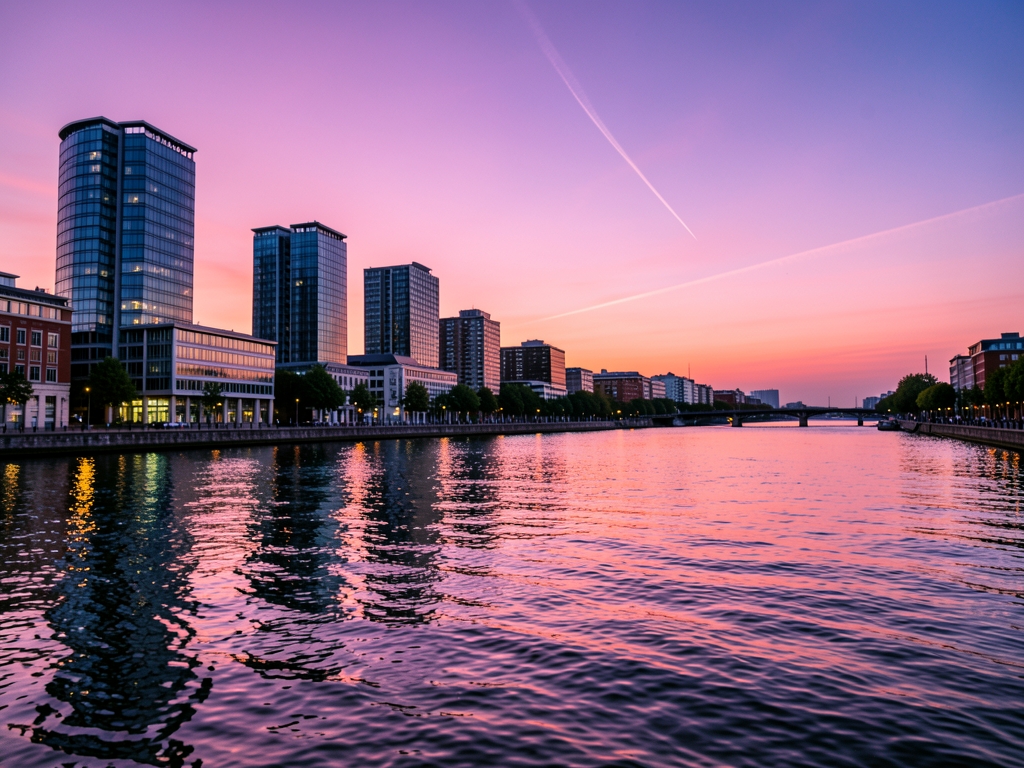 Düsseldorf s Rhine riverfront dusk glass towers reflecting pink