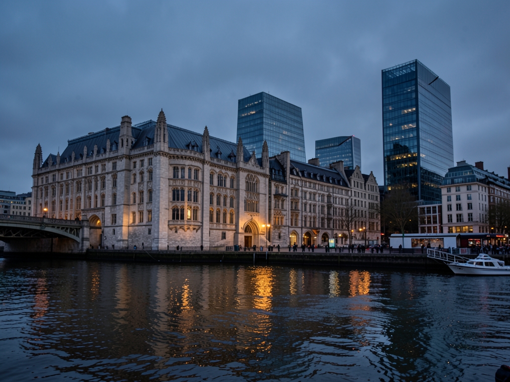 London Thames riverside dusk with historic stone architecture