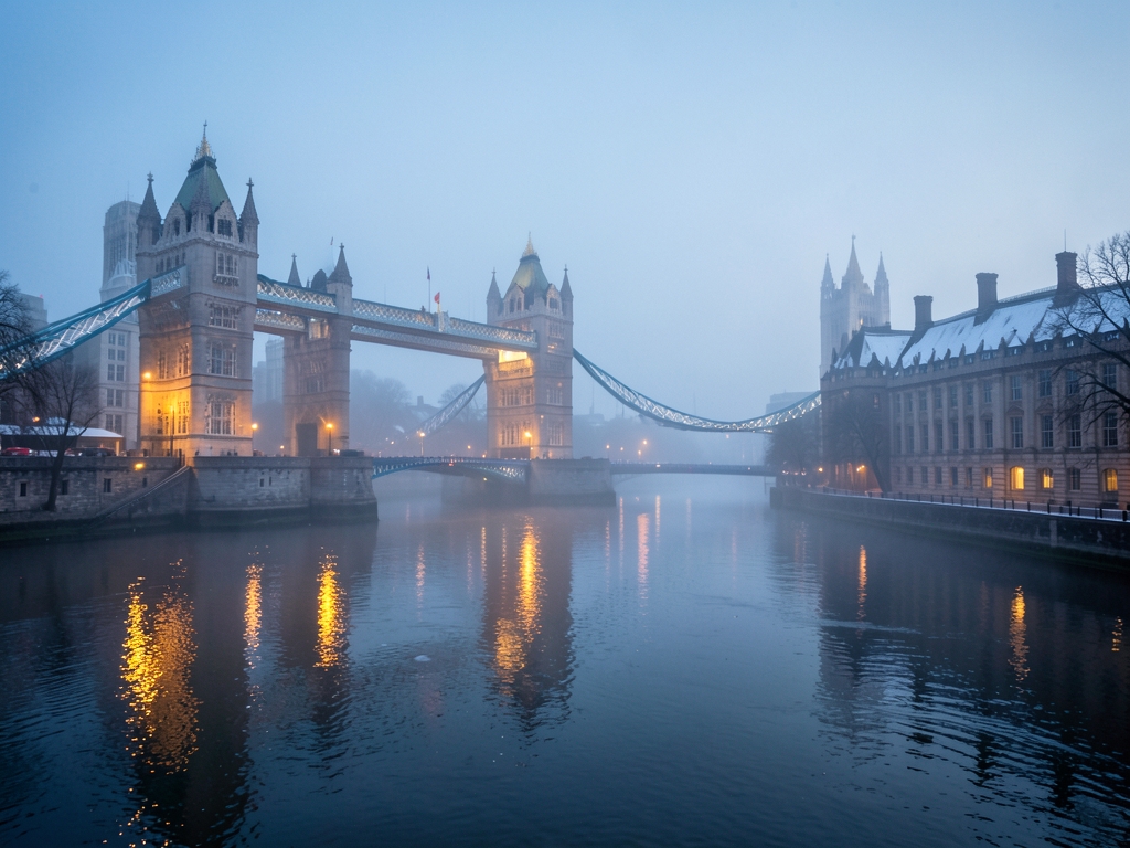 London Thames riverside winter dusk with historic stone
