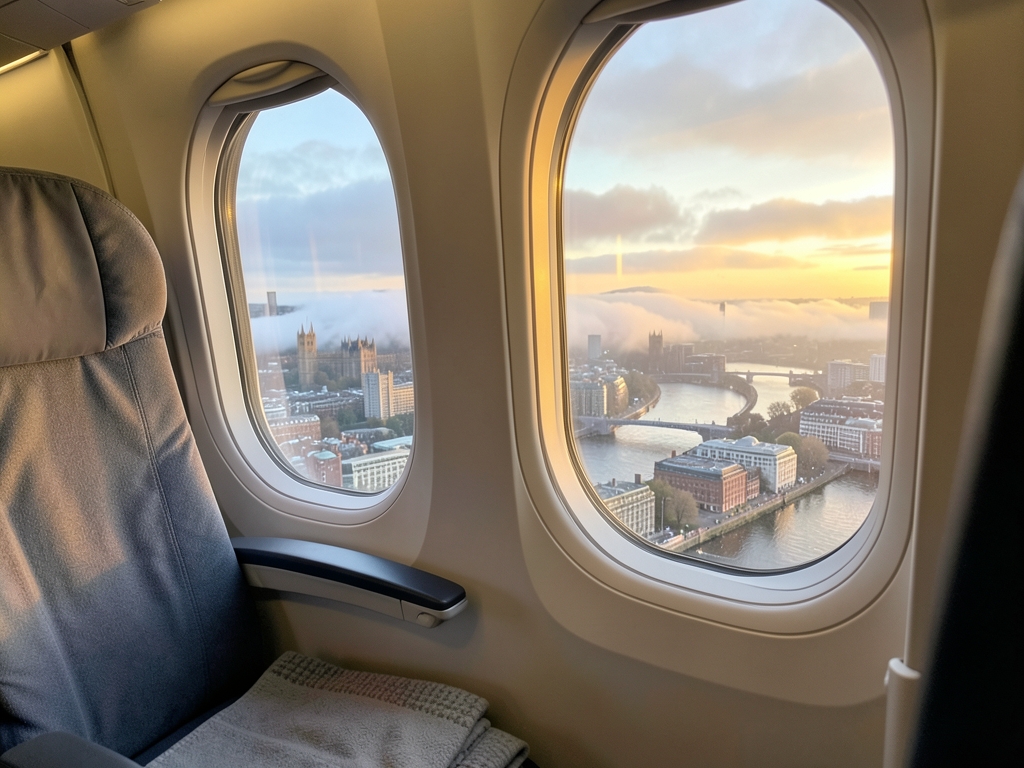 London skyline dawn seen from aircraft window Thames