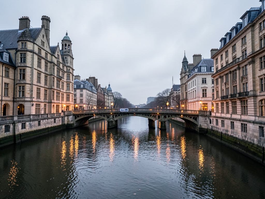 Soft overcast evening over London riverfront with historic