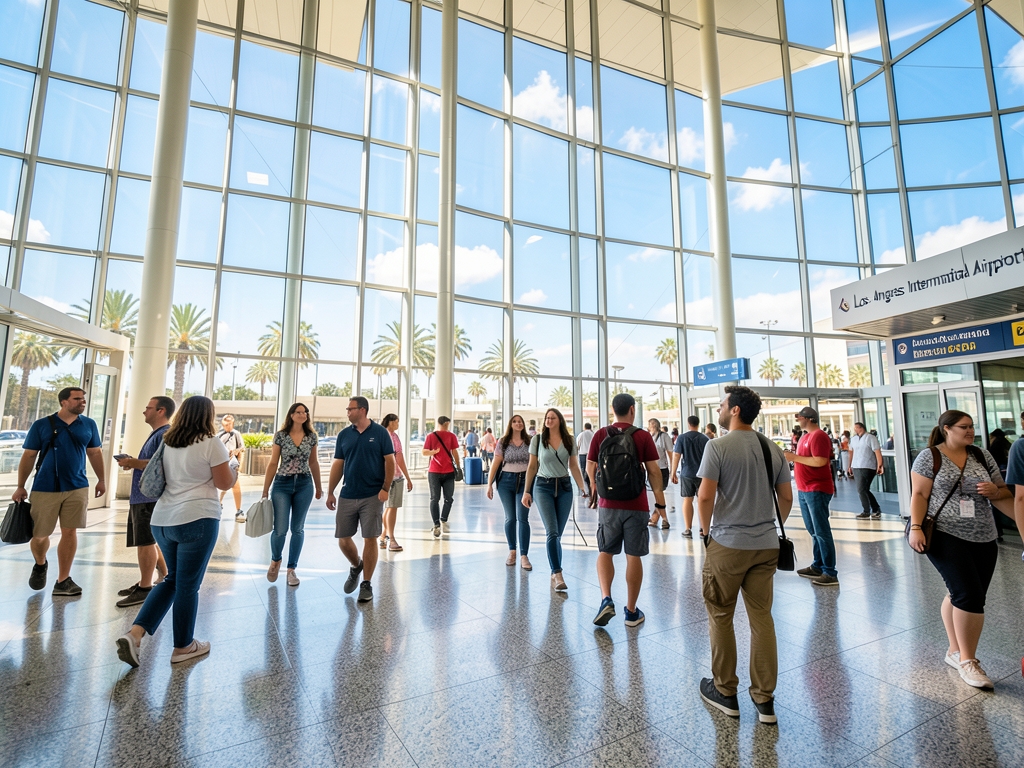 bright Angeles arrival terminal with soaring glass walls