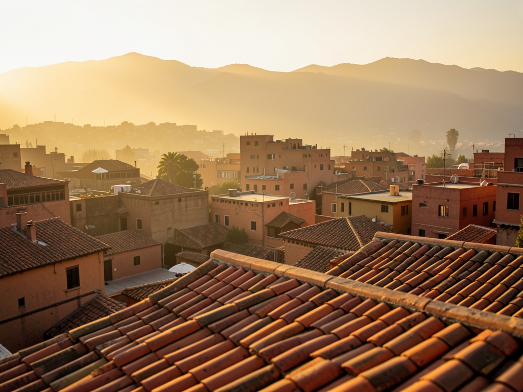 Warm afternoon light Marrakech town terracotta rooftops with