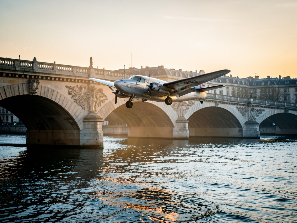 vintage airliner glides over Seine River golden hour