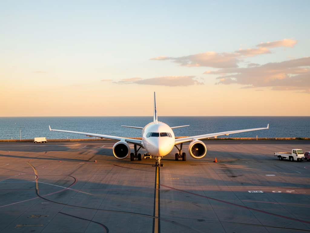 Wide view Larnaca airport apron golden hour white