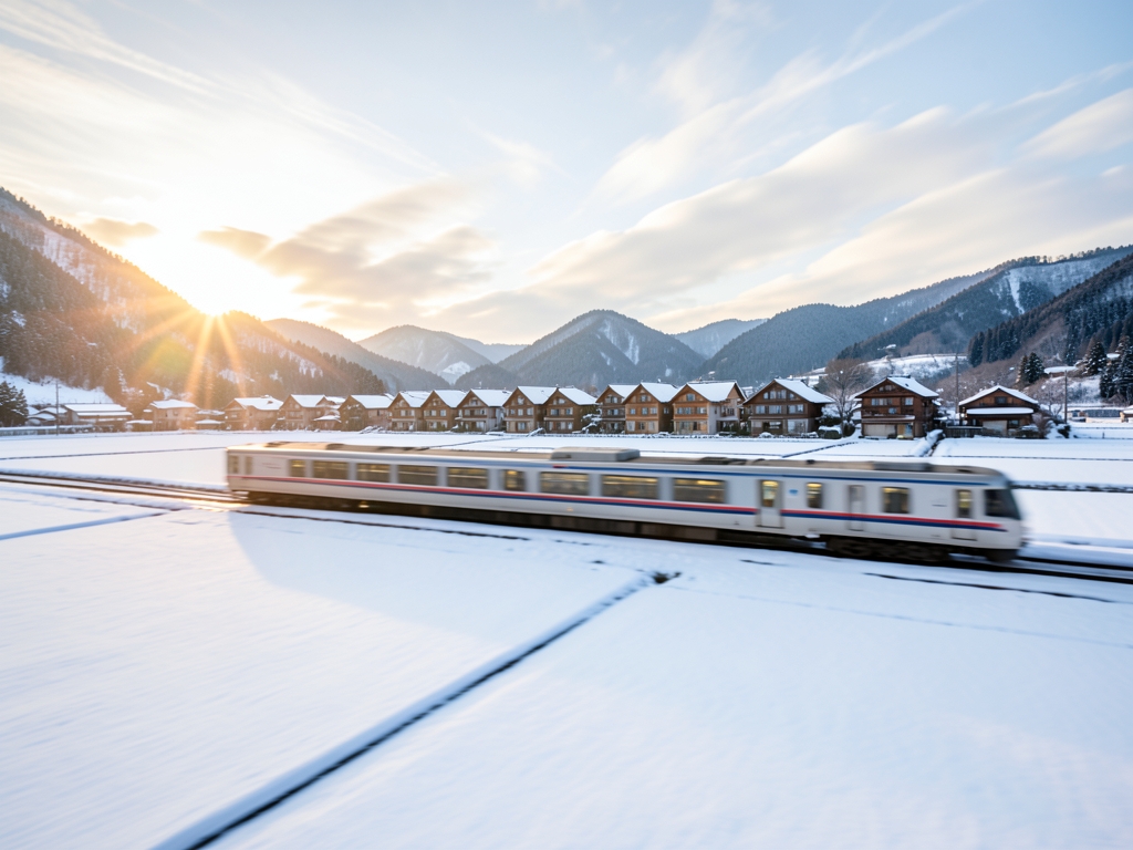 High speed train gliding across white Niigata fields toward