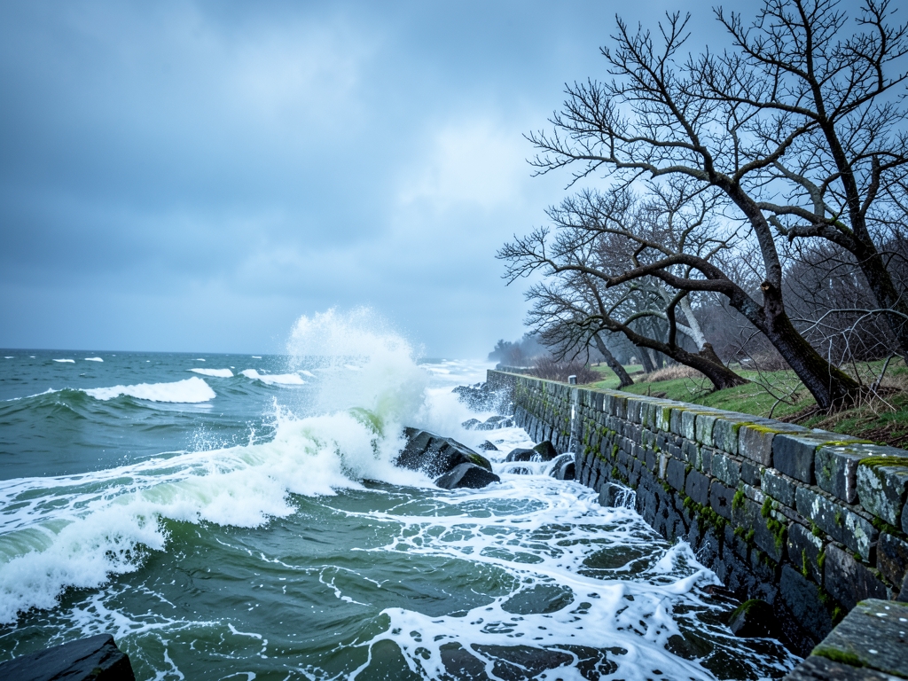 coastal England shoreline under heavy nor easter sky churning