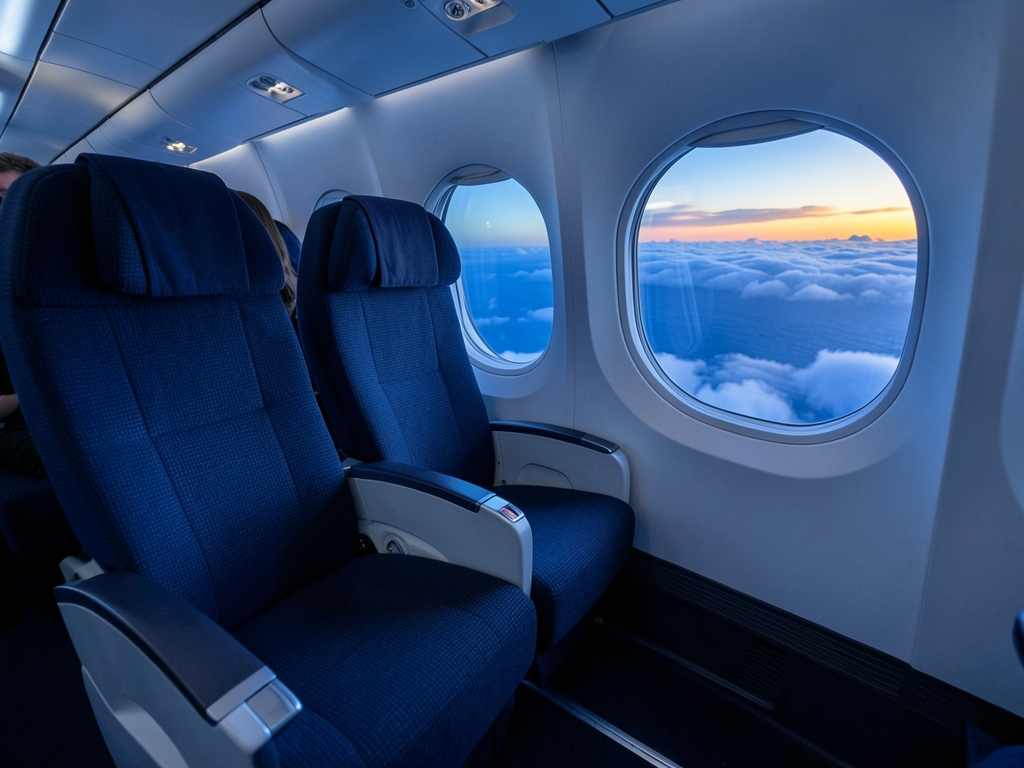 Premium economy airplane cabin interior dusk wide seats
