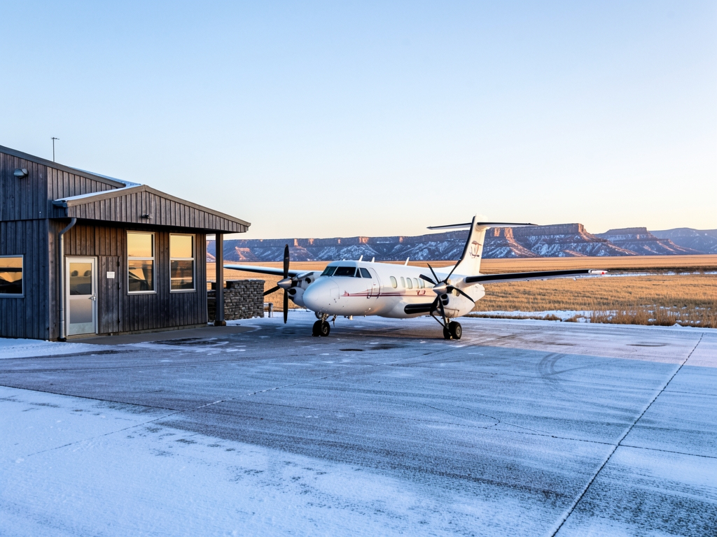Small regional airport terminal dawn winter snow dusted tarmac