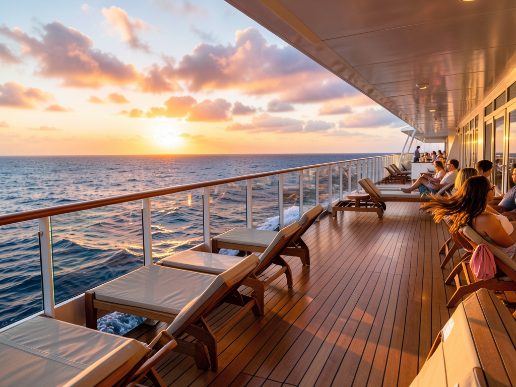 Sunlit upper deck modern ocean liner gliding through