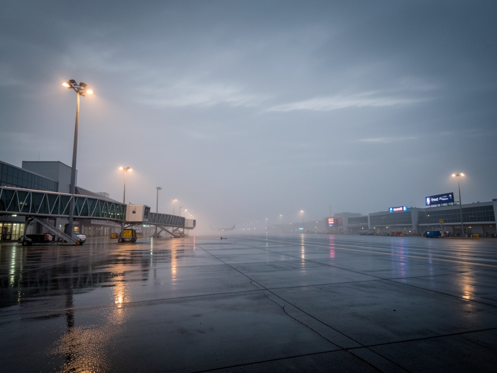 rolling over rain slicked airport apron twilight with concrete
