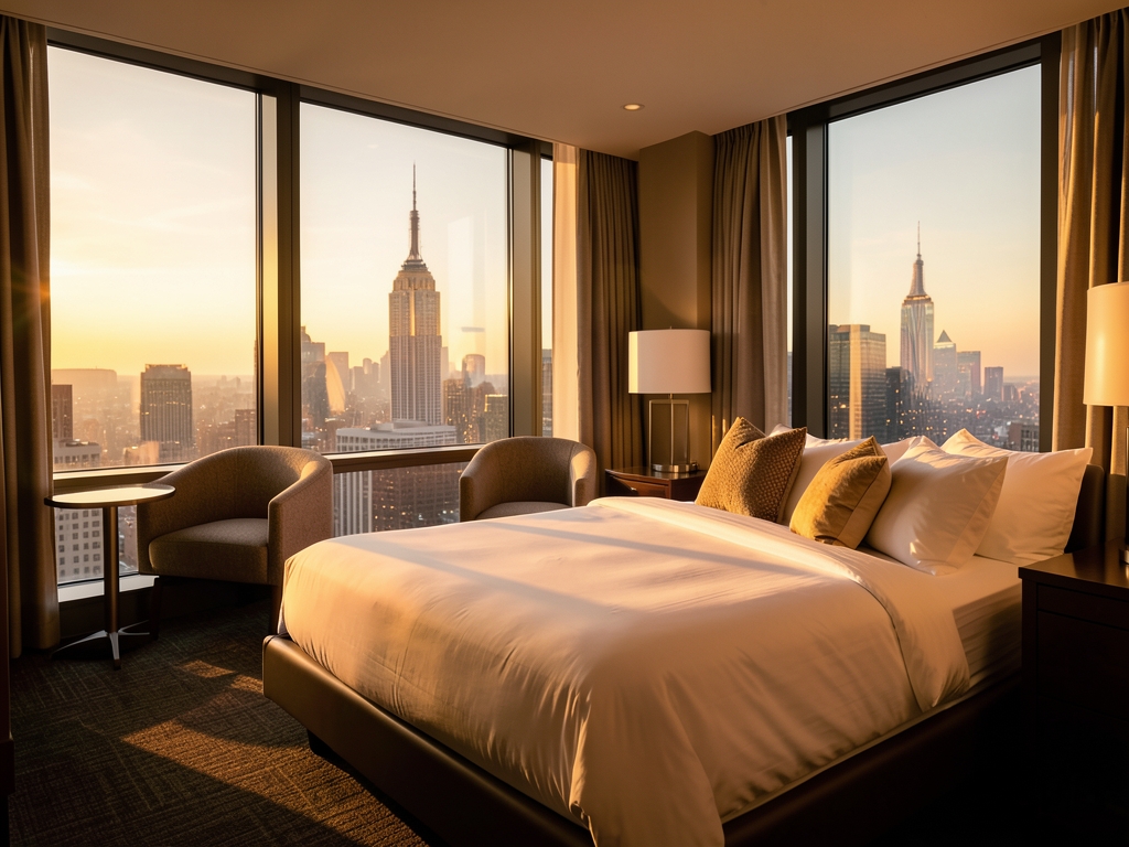 York City hotel room golden hour soft amber
