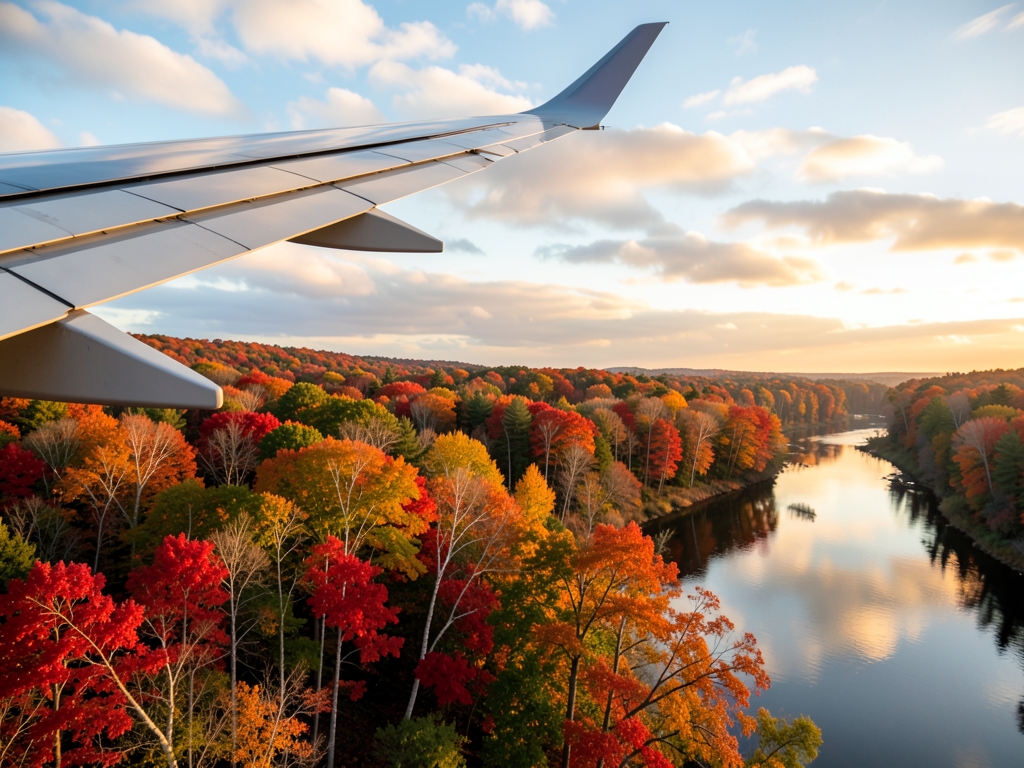 Airplane wing over vibrant autumn England forests river