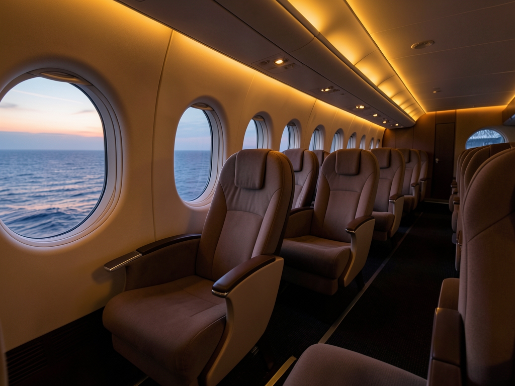 wide body business class cabin dusk over Atlantic amber aisle