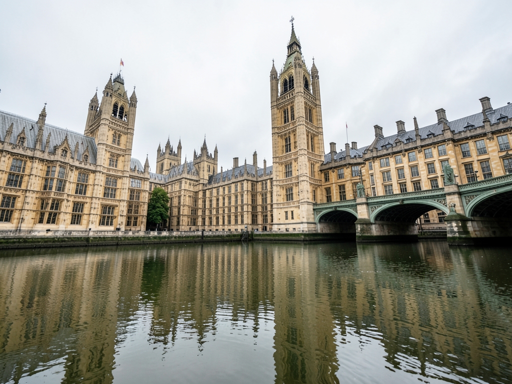 Historic London riverside with stone architecture overcast morning