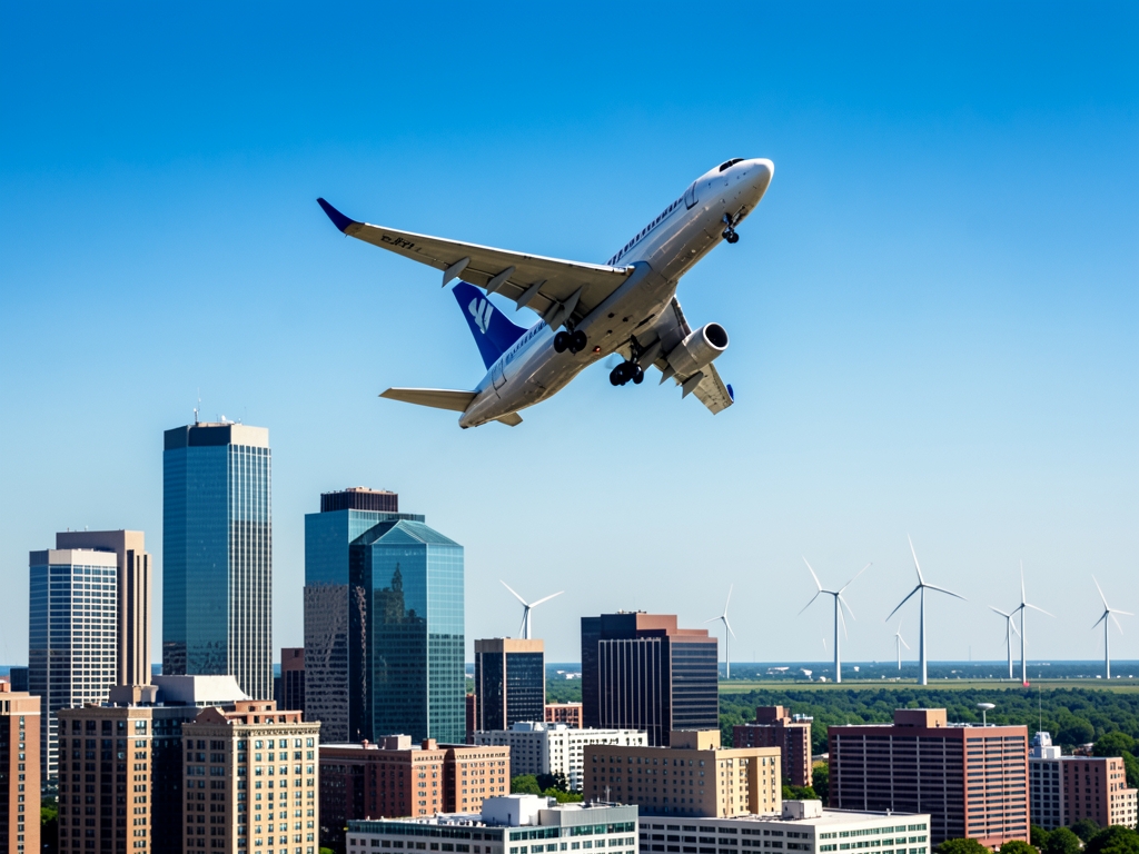 commercial ascends into clear blue above sprawling Oklahoma