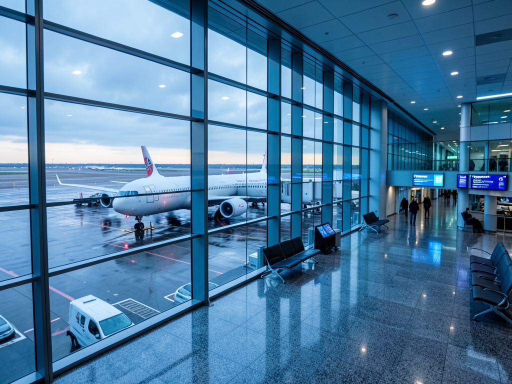 Vast airport terminal concourse dawn floor to ceiling glass walls