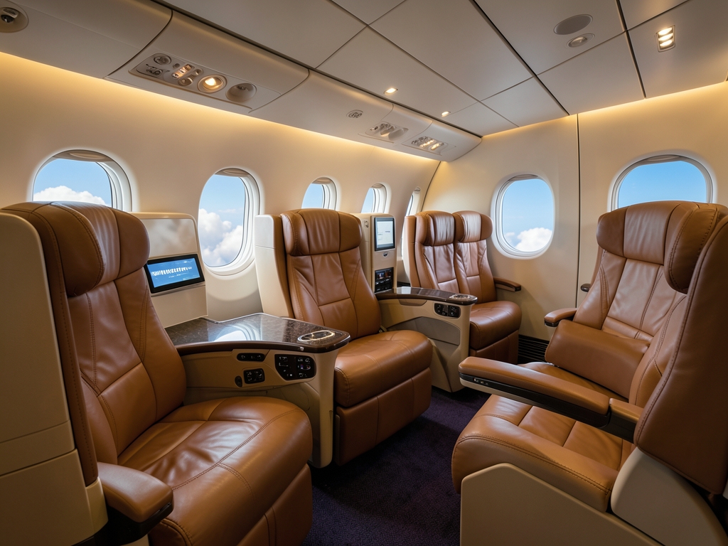 Luxurious airplane business class cabin interior with wide