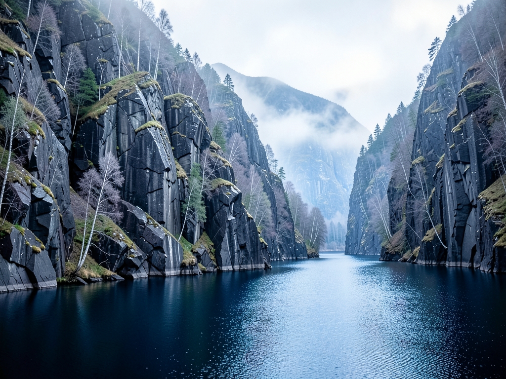 misty Nordic fjord landscape framed jagged basalt cliffs
