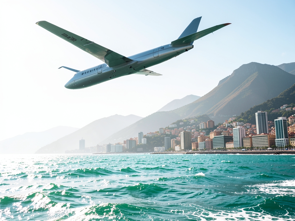 Aerodynamic aircraft silhouette soaring above turquoise Pacific waves
