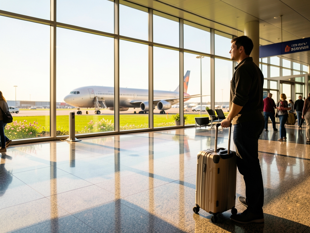 Sunlit airport departure hall with polished floors wide