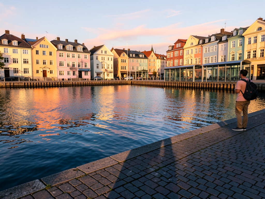 quiet Oslo harbor golden hour pastel wooden buildings