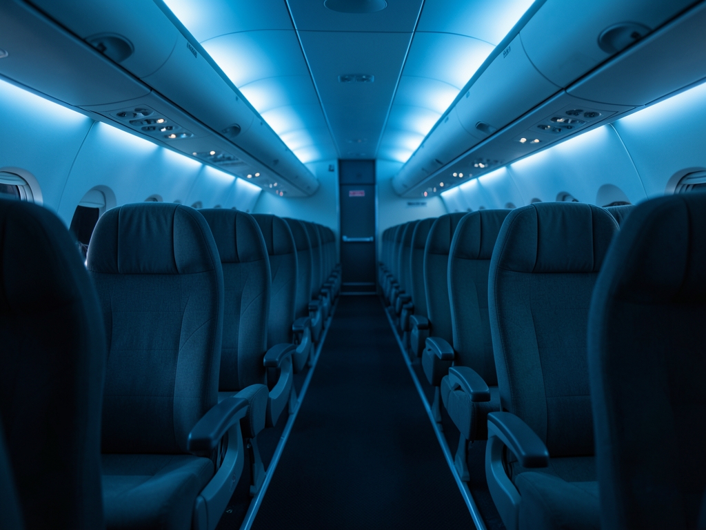 Empty airplane cabin aisle with cool blue lighting