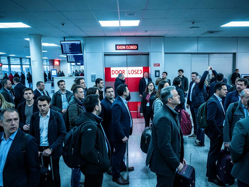 Crowded terminal gate area with travelers standing near