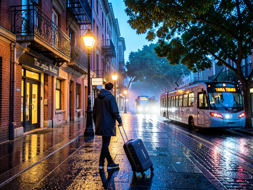 rain glossed tree lined Melbourne street blue hour Victorian brick
