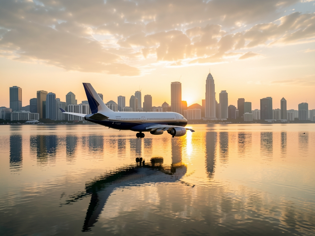 Sleek aircraft silhouette gliding over Manila skyline golden
