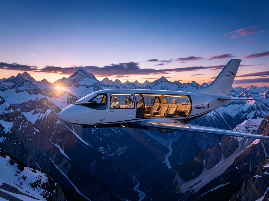 futuristic commercial aircraft glides over snow capped Alps toward