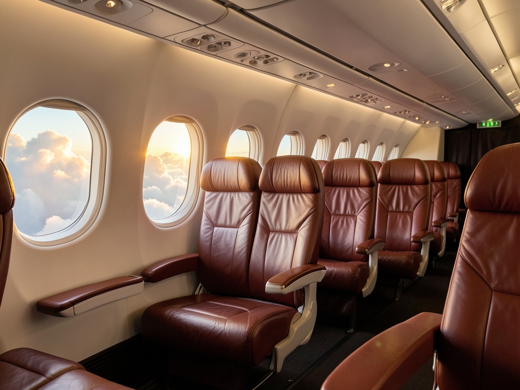 Empty spacious airplane cabin with wide leather seats