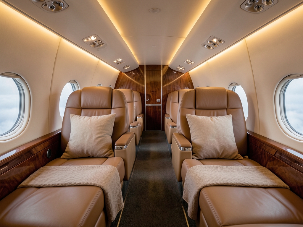 Spacious premium aircraft cabin with lie flat seats soft