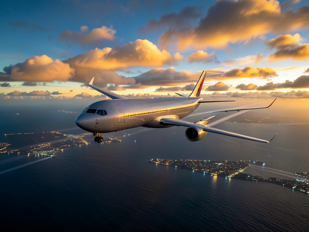 Aerial view sleek transatlantic crossing golden sunset clouds