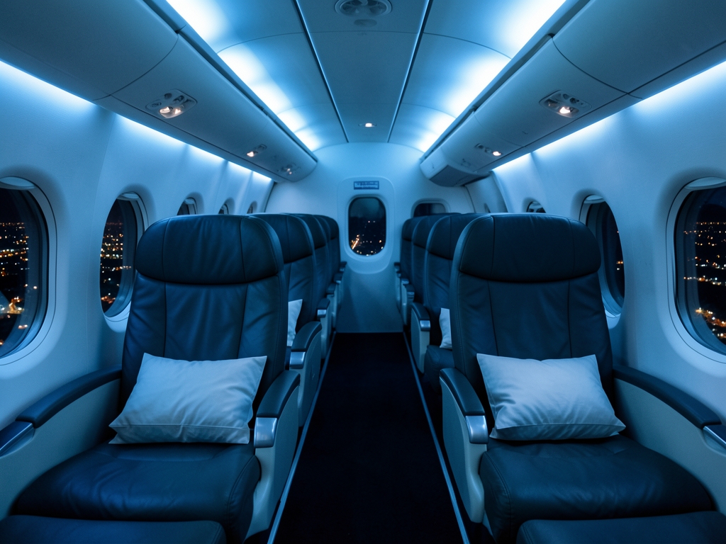 Empty premium airplane cabin night soft blue aisle