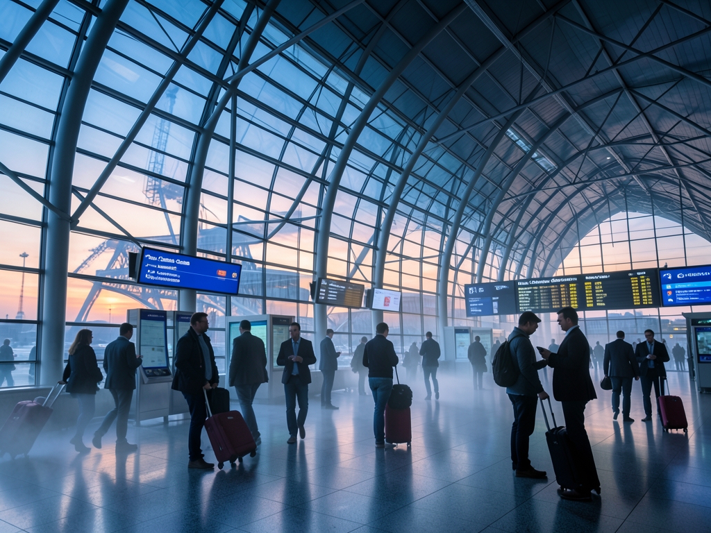 Paris airport terminal architecture dawn sweeping glass steel