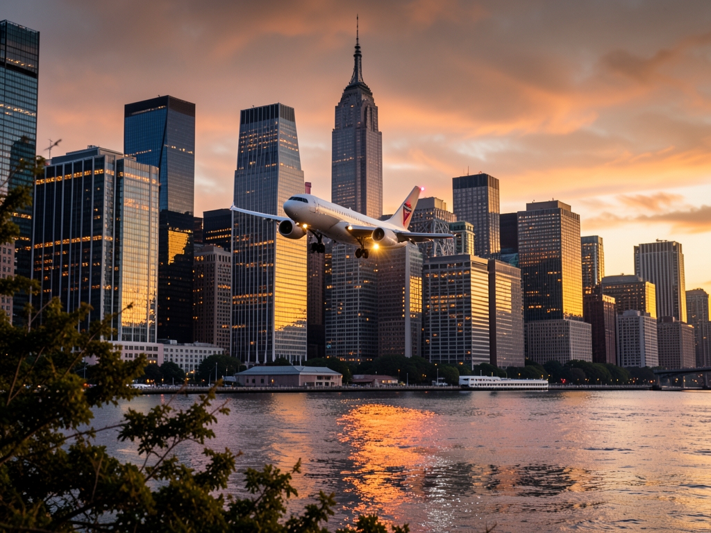 Manhattan skyline golden hour dusk wide body descending over Hudson