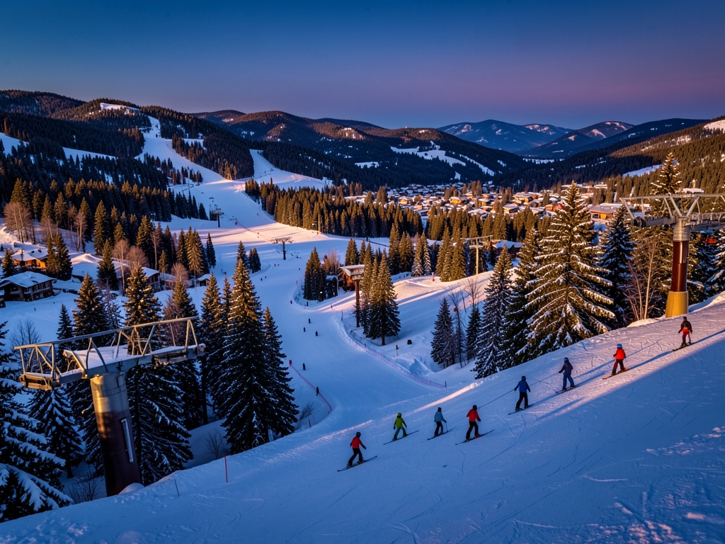 Panoramic Park City slopes above village golden hour dusk