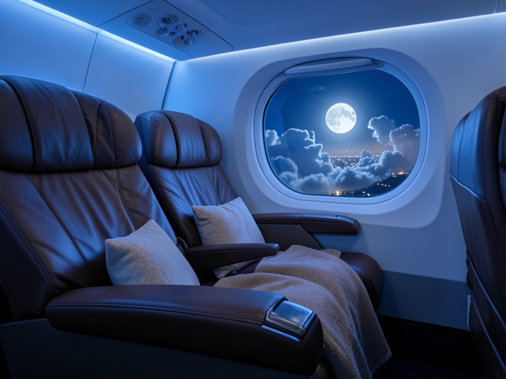 Premium airplane cabin night with wide reclined seats