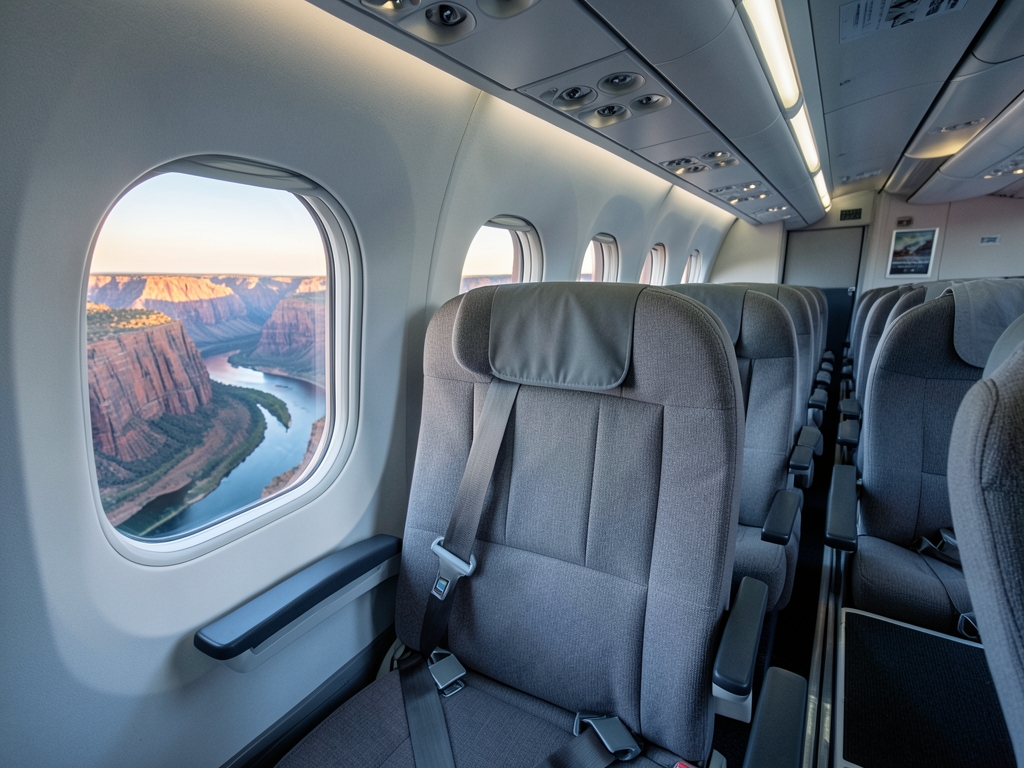 interior cabin passenger plane looking over winding Colorado
