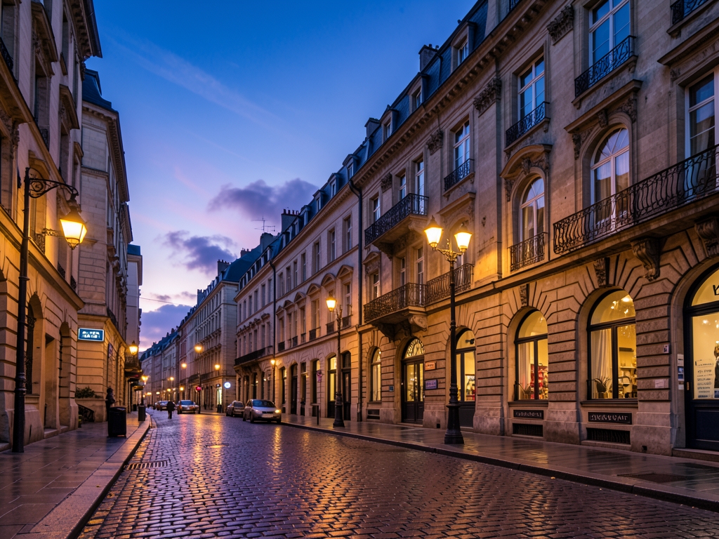 wide angle view European cityscape dusk with cobblestone streets