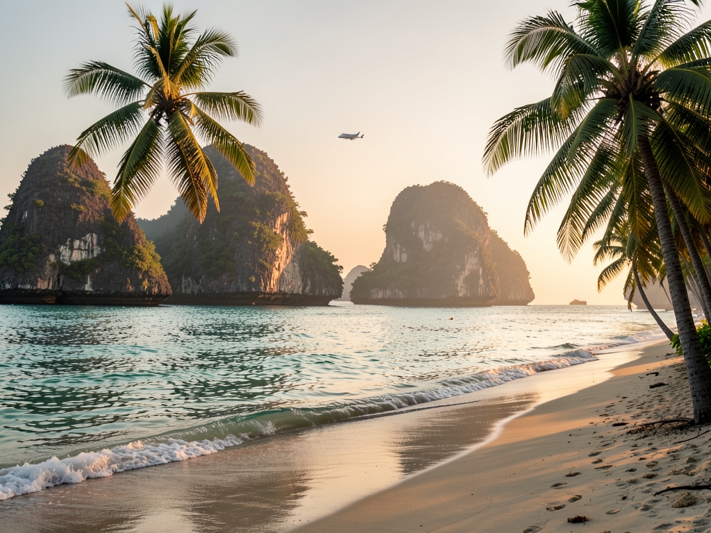 Phuket coastline golden hour with limestone cliffs palm fringed